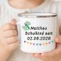Preview: Kinderbecher aus Emaille mit Wunschnamen, Dino & Wunschdatum zur Einschulung - Emaille Tasse zum 1. Schultag