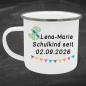 Preview: Kinderbecher aus Emaille mit Wunschnamen, Dino & Wunschdatum zur Einschulung - Emaille Tasse zum 1. Schultag