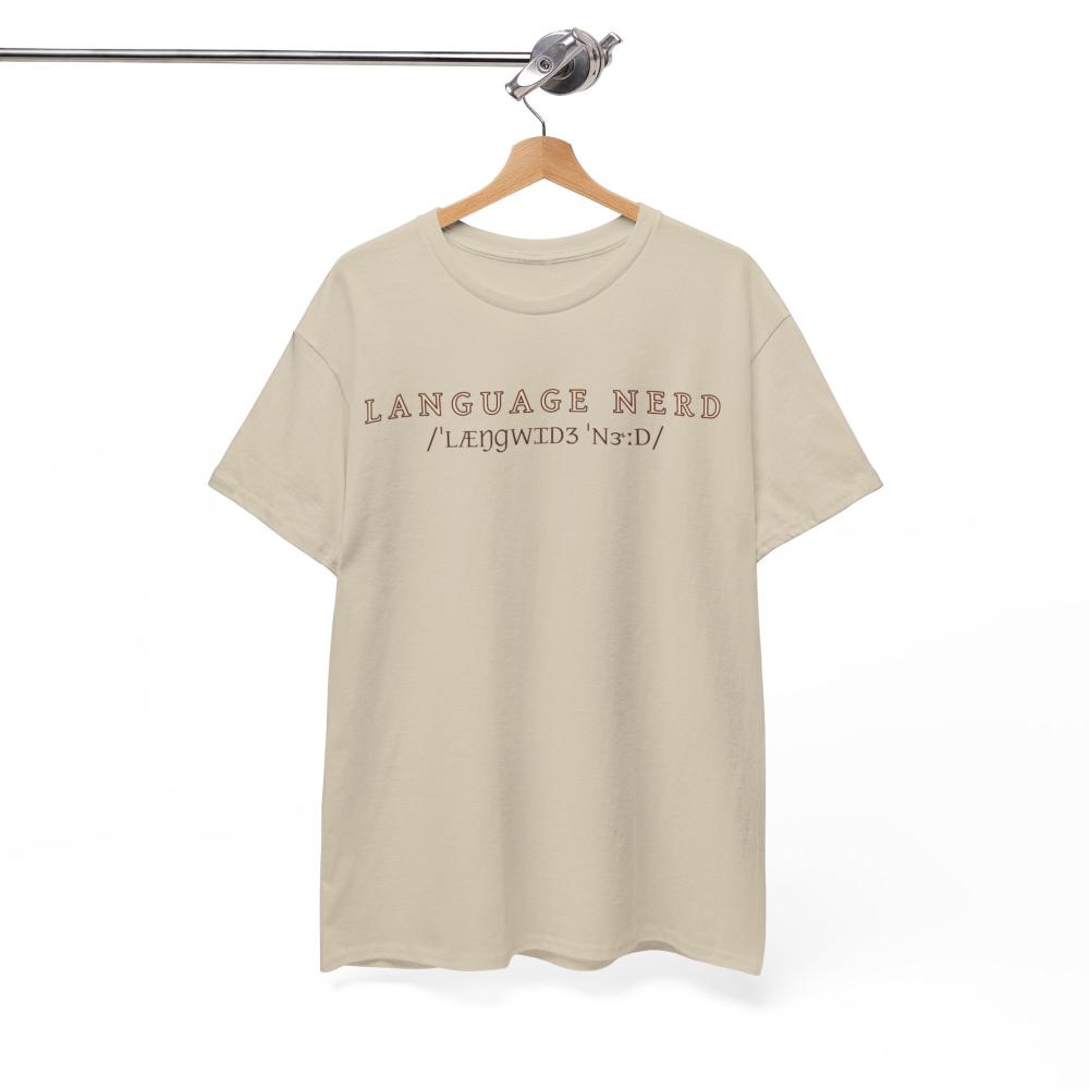 T-Shirt 100% Baumwolle Damen beige "Language Nerd" Sprachliebhaber Lehrer Übersetzer Studenten