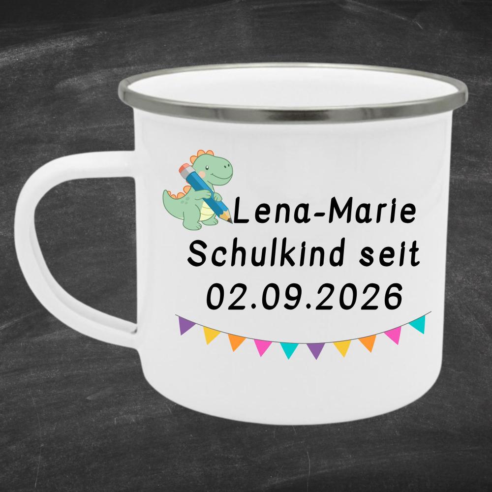 Kinderbecher aus Emaille mit Wunschnamen, Dino & Wunschdatum zur Einschulung - Emaille Tasse zum 1. Schultag
