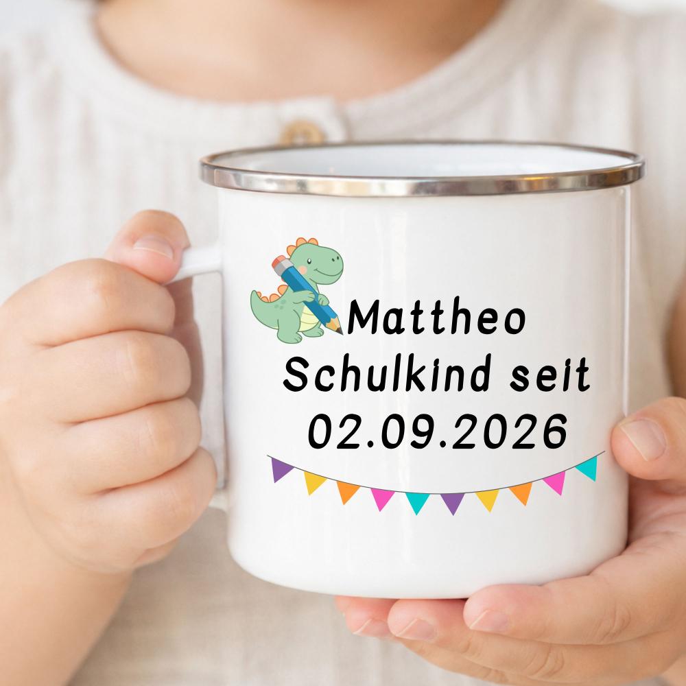 Kinderbecher aus Emaille mit Wunschnamen, Dino & Wunschdatum zur Einschulung - Emaille Tasse zum 1. Schultag