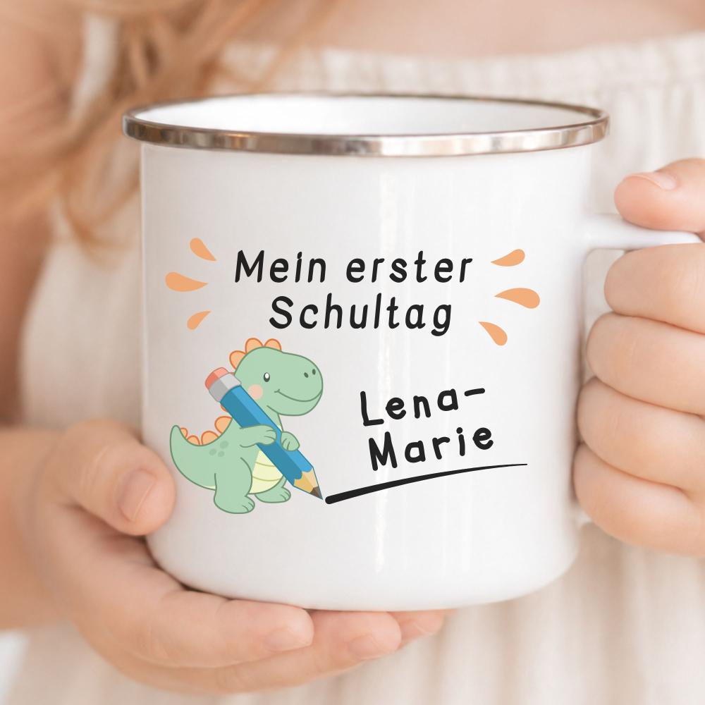 Kinderbecher aus Emaille mit Wunschnamen, Dino & Wunschdatum zur Einschulung - Emaille Tasse zum 1. Schultag